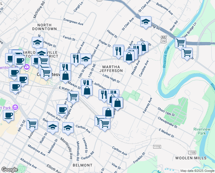 map of restaurants, bars, coffee shops, grocery stores, and more near 1201 East Jefferson Street in Charlottesville