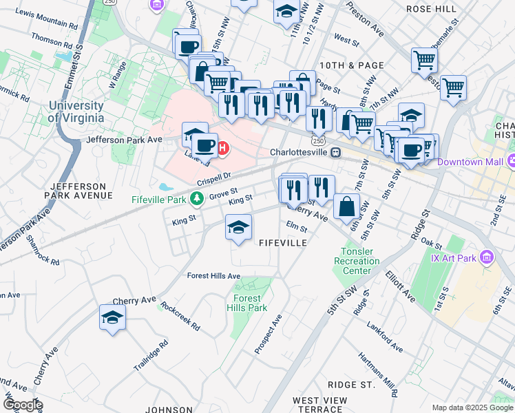 map of restaurants, bars, coffee shops, grocery stores, and more near 921 Cherry Avenue in Charlottesville
