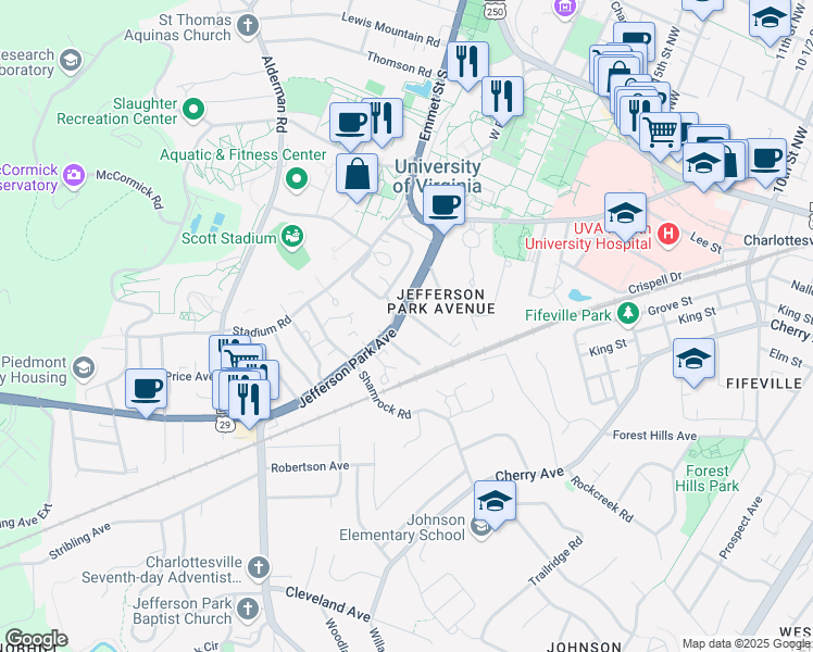 map of restaurants, bars, coffee shops, grocery stores, and more near 1800 Jefferson Park Avenue in Charlottesville