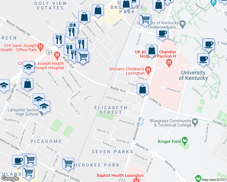 map of restaurants, bars, coffee shops, grocery stores, and more near 226 Waller Avenue in Lexington