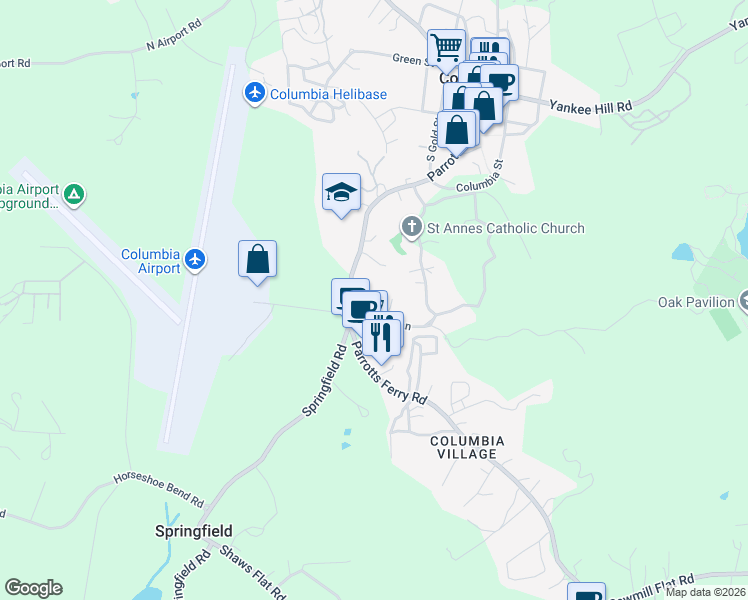 map of restaurants, bars, coffee shops, grocery stores, and more near 22430 Church Street in Columbia