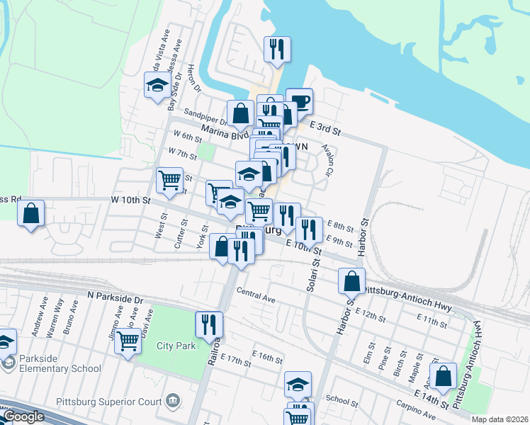 map of restaurants, bars, coffee shops, grocery stores, and more near 909 Halite Way in Antioch