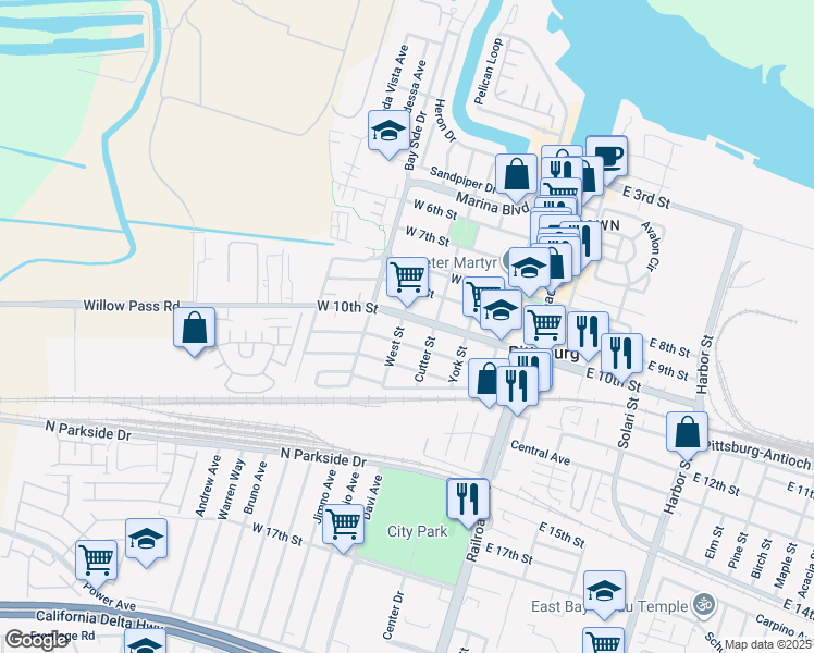 map of restaurants, bars, coffee shops, grocery stores, and more near in Pittsburg