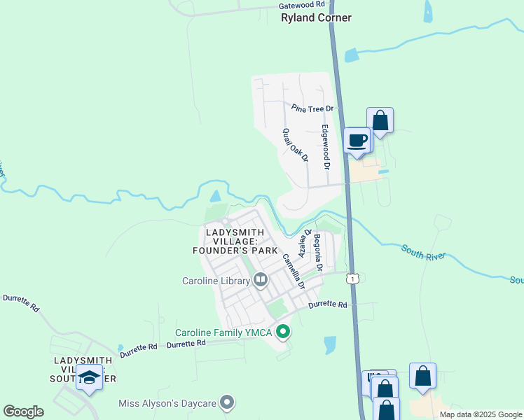 map of restaurants, bars, coffee shops, grocery stores, and more near 17109 Camellia Drive in Ruther Glen