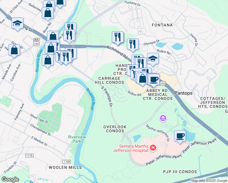 map of restaurants, bars, coffee shops, grocery stores, and more near 915 Dorchester Place in Charlottesville