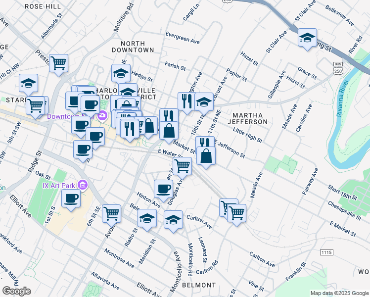 map of restaurants, bars, coffee shops, grocery stores, and more near in Charlottesville