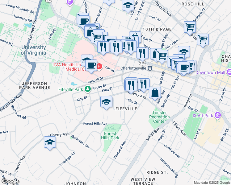 map of restaurants, bars, coffee shops, grocery stores, and more near 921 Cherry Avenue in Charlottesville