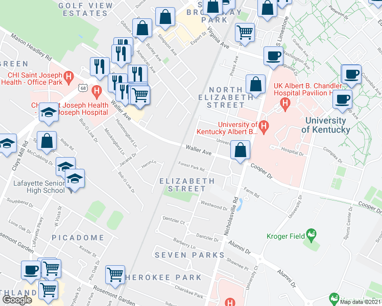 map of restaurants, bars, coffee shops, grocery stores, and more near 240 Waller Avenue in Lexington