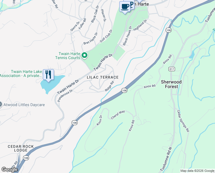 map of restaurants, bars, coffee shops, grocery stores, and more near 22443 Scenic Drive in Twain Harte