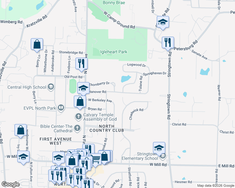 map of restaurants, bars, coffee shops, grocery stores, and more near 408 Thornberry Drive in Evansville