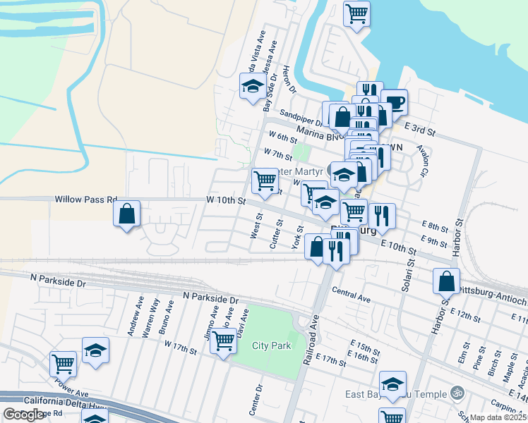 map of restaurants, bars, coffee shops, grocery stores, and more near in Pittsburg