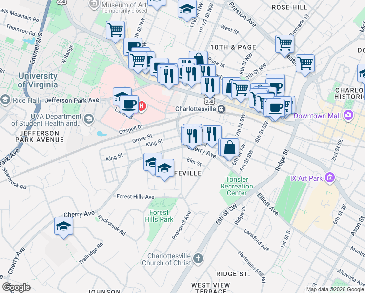map of restaurants, bars, coffee shops, grocery stores, and more near Cherry Avenue & 9th Street Southwest in Charlottesville