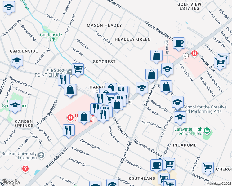 map of restaurants, bars, coffee shops, grocery stores, and more near 748 Lynn Road in Lexington