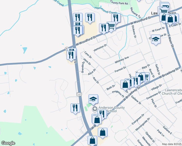 map of restaurants, bars, coffee shops, grocery stores, and more near 103 Ann Drive in Lawrenceburg