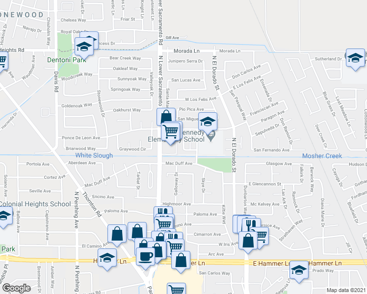 map of restaurants, bars, coffee shops, grocery stores, and more near 8550 Acapulco Way in Stockton