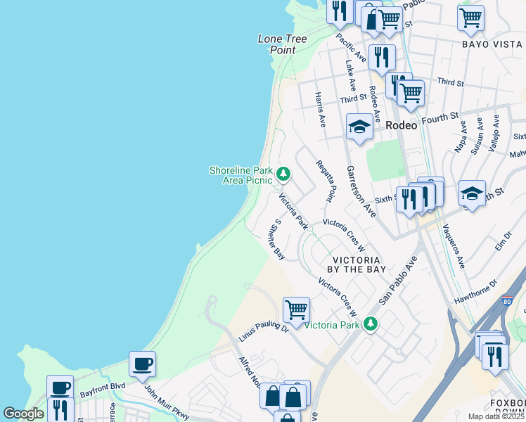 map of restaurants, bars, coffee shops, grocery stores, and more near 151 Trestle Cove in Hercules