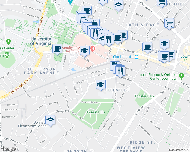 map of restaurants, bars, coffee shops, grocery stores, and more near 1076 King Street in Charlottesville