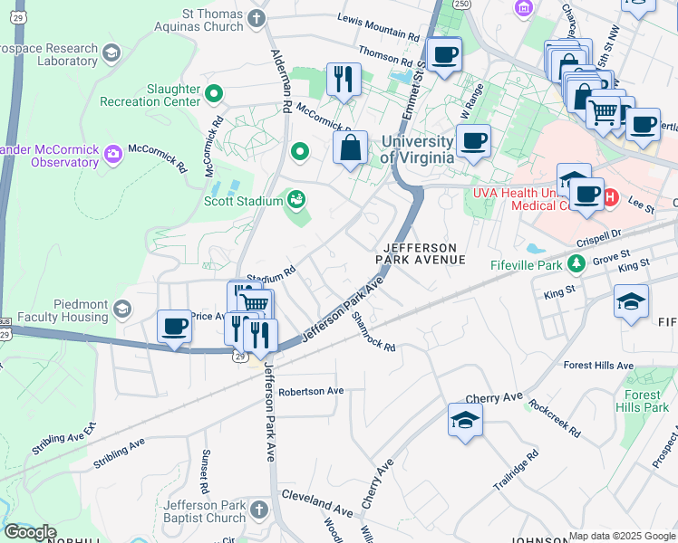 map of restaurants, bars, coffee shops, grocery stores, and more near 1804 Chelsea Drive in Charlottesville