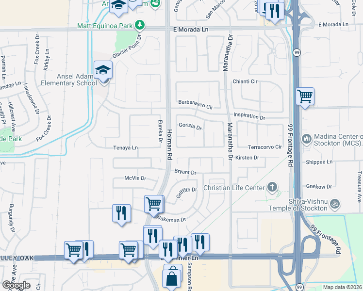 map of restaurants, bars, coffee shops, grocery stores, and more near 8827 Bergamo Circle in Stockton