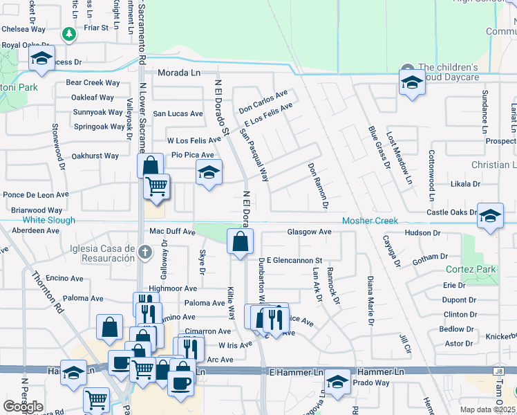 map of restaurants, bars, coffee shops, grocery stores, and more near 82 Martinique Court in Stockton