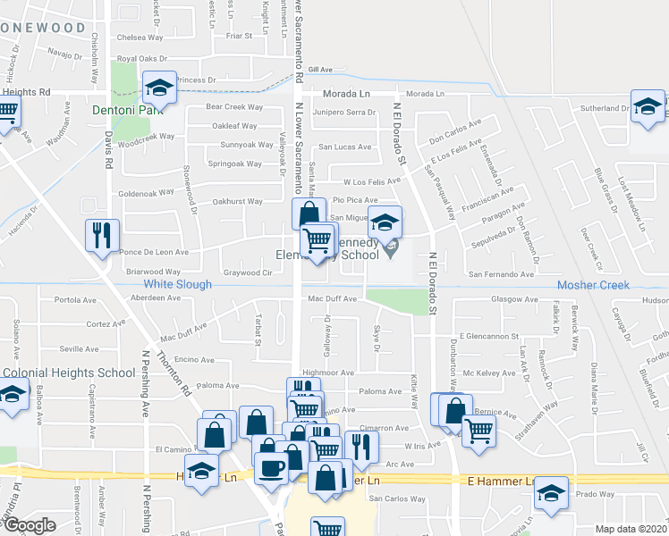 map of restaurants, bars, coffee shops, grocery stores, and more near 8626 North Lower Sacramento Road in Stockton