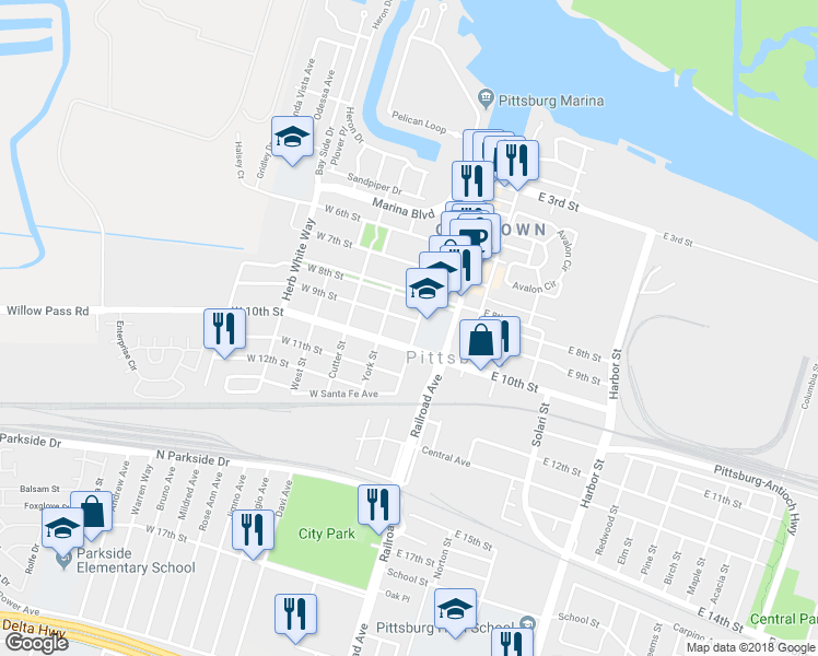 map of restaurants, bars, coffee shops, grocery stores, and more near in Pittsburg