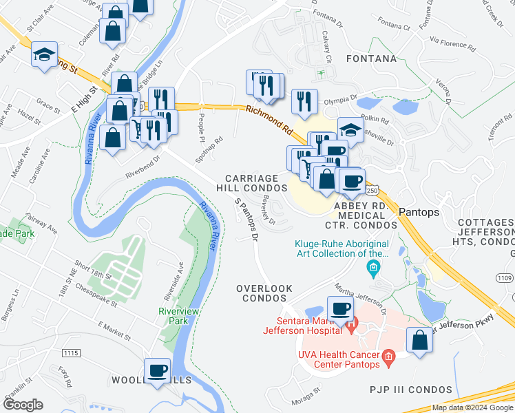 map of restaurants, bars, coffee shops, grocery stores, and more near 915 Dorchester Place in Charlottesville
