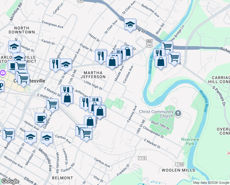 map of restaurants, bars, coffee shops, grocery stores, and more near 428 Meade Avenue in Charlottesville