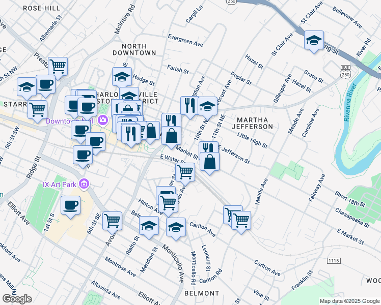 map of restaurants, bars, coffee shops, grocery stores, and more near in Charlottesville
