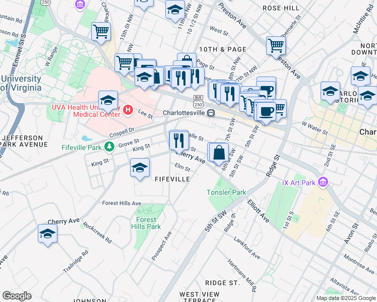 map of restaurants, bars, coffee shops, grocery stores, and more near 742 Nalle Street in Charlottesville