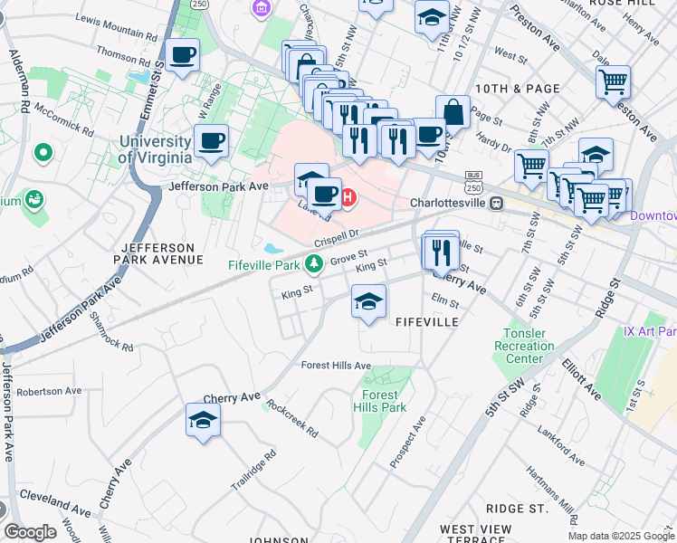 map of restaurants, bars, coffee shops, grocery stores, and more near 202 Spring Street in Charlottesville