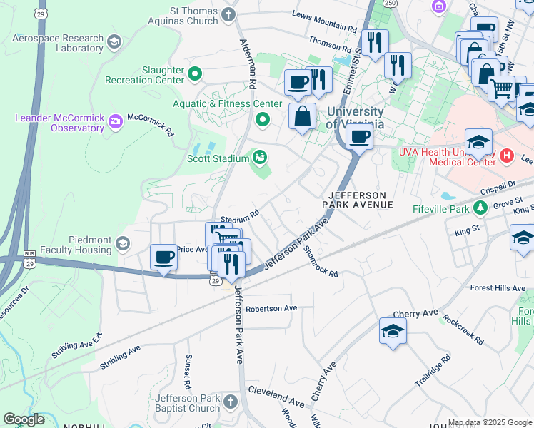 map of restaurants, bars, coffee shops, grocery stores, and more near 1818 Stadium Road in Charlottesville