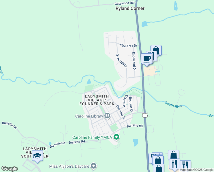 map of restaurants, bars, coffee shops, grocery stores, and more near 17101 Camellia Drive in Ruther Glen