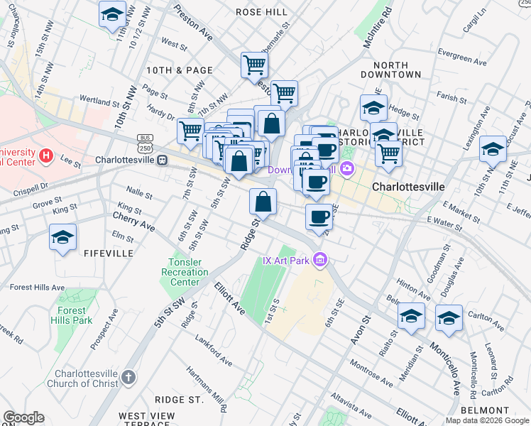 map of restaurants, bars, coffee shops, grocery stores, and more near 218 Ridge Street in Charlottesville