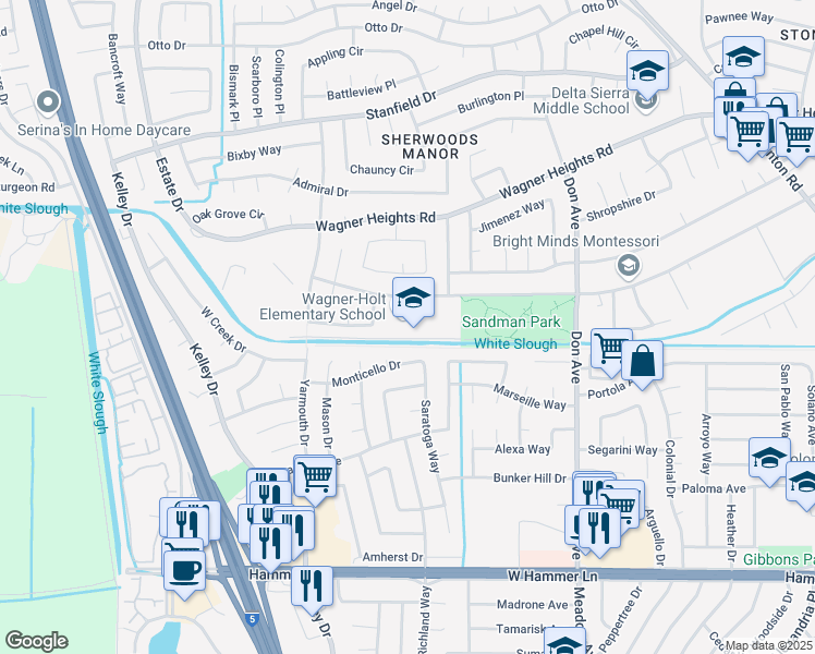 map of restaurants, bars, coffee shops, grocery stores, and more near 8778 Brattle Place in Stockton