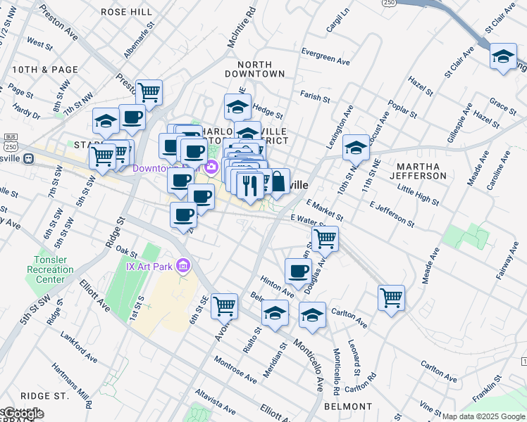 map of restaurants, bars, coffee shops, grocery stores, and more near 615 Water Street East in Charlottesville