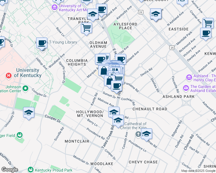 map of restaurants, bars, coffee shops, grocery stores, and more near 448 South Ashland Avenue in Lexington