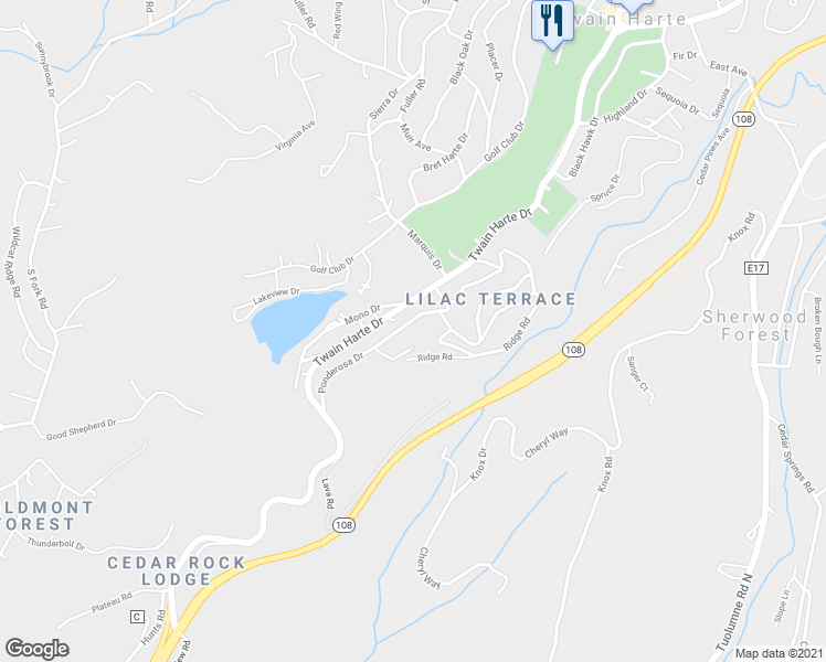 map of restaurants, bars, coffee shops, grocery stores, and more near 22439 Ponderosa Drive in Twain Harte