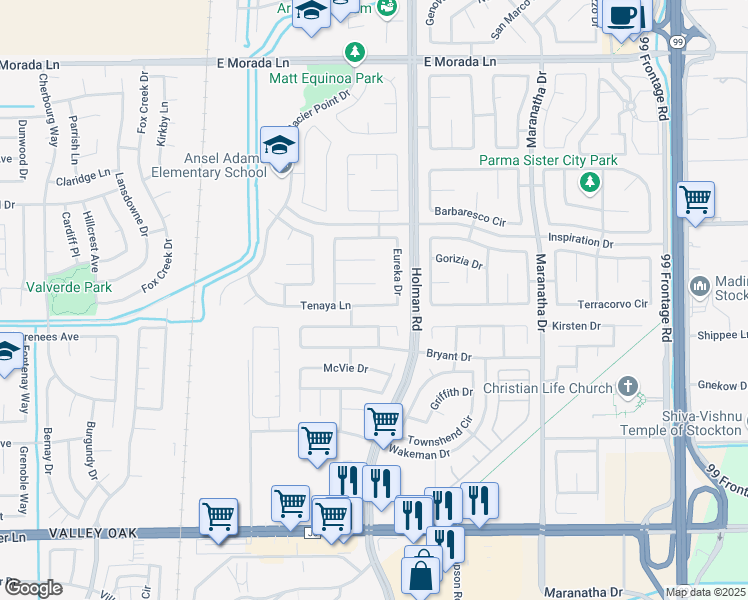 map of restaurants, bars, coffee shops, grocery stores, and more near 3417 Tenaya Lane in Stockton