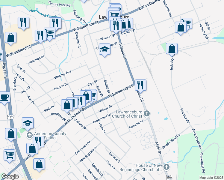 map of restaurants, bars, coffee shops, grocery stores, and more near 110 Saffell Street in Lawrenceburg
