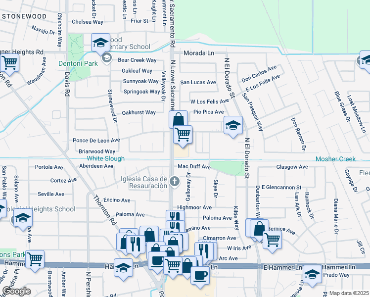 map of restaurants, bars, coffee shops, grocery stores, and more near 8626 North Lower Sacramento Road in Stockton