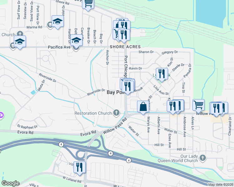 map of restaurants, bars, coffee shops, grocery stores, and more near 245 San Bernardino Court in Bay Point