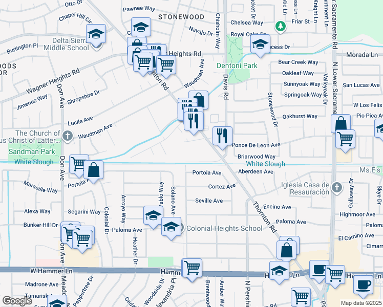 map of restaurants, bars, coffee shops, grocery stores, and more near 1735 Alpha Drive in Stockton
