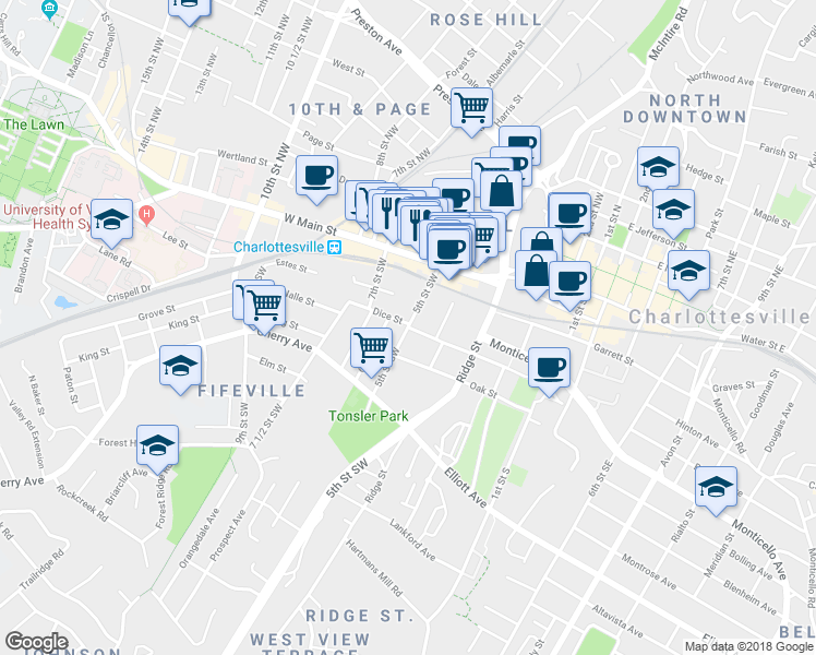 map of restaurants, bars, coffee shops, grocery stores, and more near 5th St SW & Dice St in Charlottesville