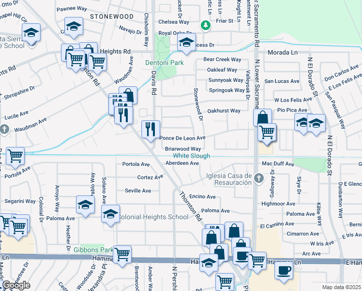 map of restaurants, bars, coffee shops, grocery stores, and more near 1316 Ponce De Leon Avenue in Stockton
