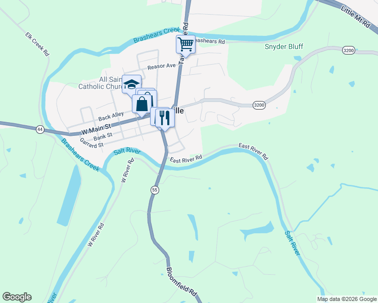 map of restaurants, bars, coffee shops, grocery stores, and more near 106 Hardin Street in Taylorsville