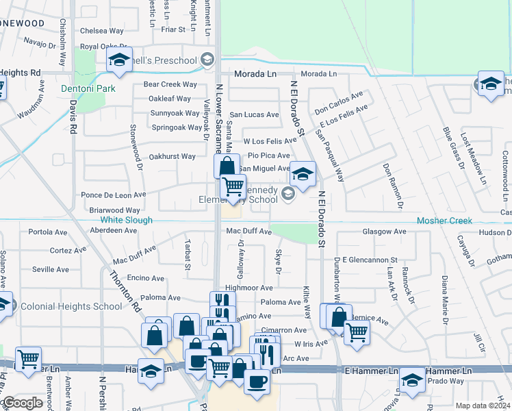map of restaurants, bars, coffee shops, grocery stores, and more near 8635 Santa Paula Way in Stockton