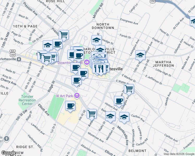 map of restaurants, bars, coffee shops, grocery stores, and more near 106 5th Street Southeast in Charlottesville