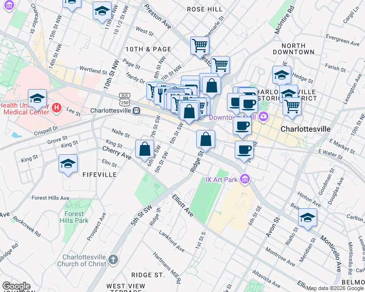 map of restaurants, bars, coffee shops, grocery stores, and more near 221 4th Street Southwest in Charlottesville