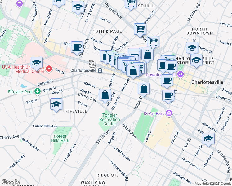 map of restaurants, bars, coffee shops, grocery stores, and more near 217 5th Street Southwest in Charlottesville